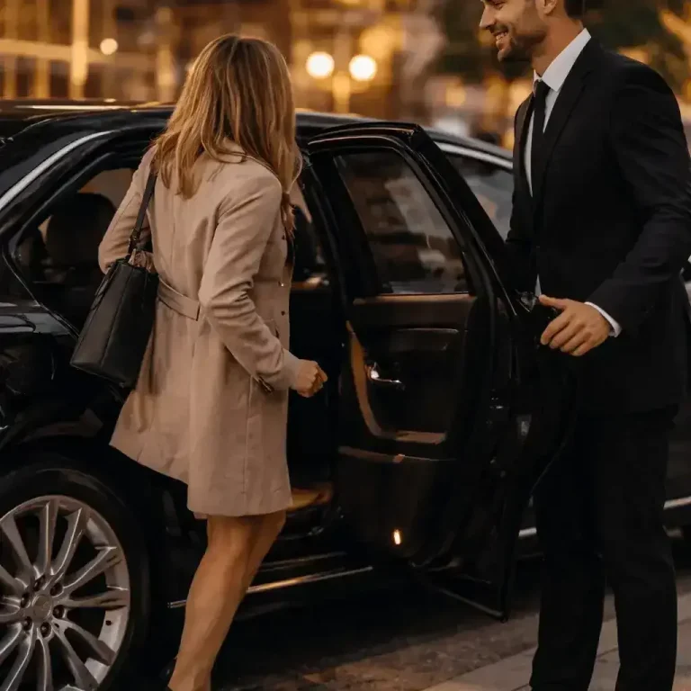 Cliente élégamment vêtue entrant dans une berline VTC avec l’aide de son chauffeur à Brignoles